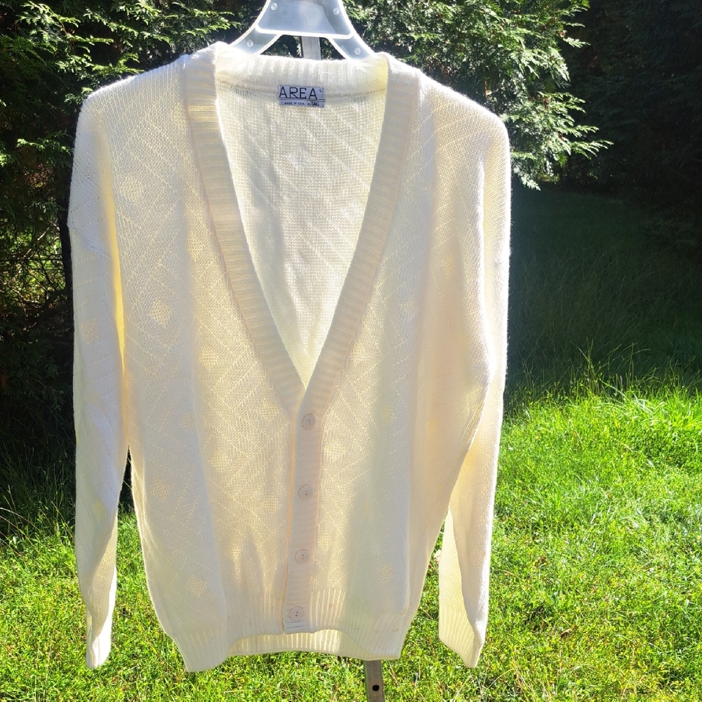 AREA By Tag Argyle Cottagecore Elegant Cream Cardigan Size Large